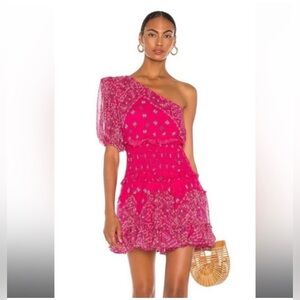 Rococo Sand Romani One Shoulder Bandana Print Smocked Mini Dress Pink Medium